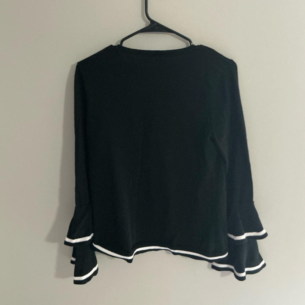 Cece Black Long Sleeve Top w/ White Trim & Ruffle Sleeves Size M | Chic Blouse - Picture 4 of 5